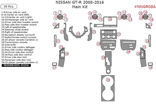 Nissan GT-R 2008-2016 main interior dash trim kit, 39 Pcs