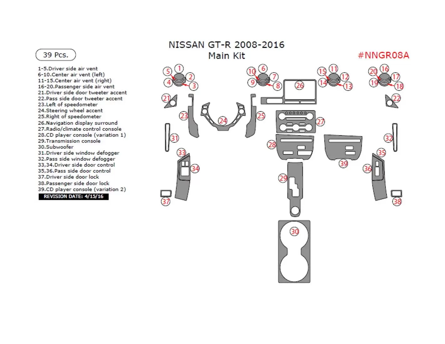 Nissan GT-R 2008-2016 belangrijkste interieur dashboard trim kit, 39 stuks