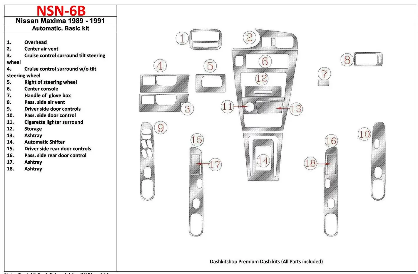 Nissan Maxima 1989-1991 Basic Set, Automatic Gearbox, 18 Parts set Cruscotto BD Rivestimenti interni