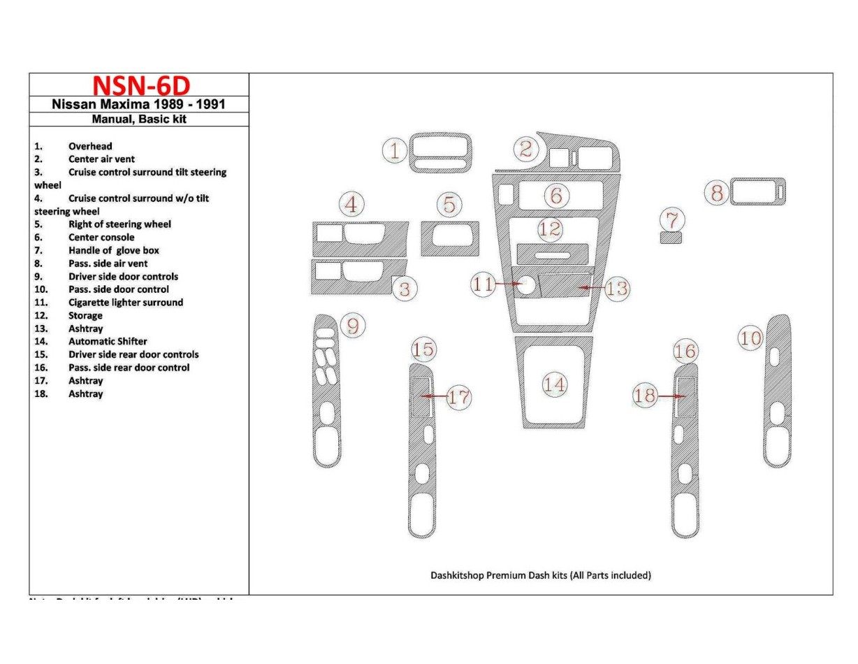 Nissan Maxima 1989-1991 Basic Set, Manual Gearbox, 18 Parts set Cruscotto BD Rivestimenti interni