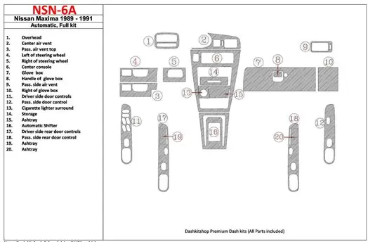 Nissan Maxima 1989-1991 Full Set, Automatic Gearbox, 20 Parts set BD Interieur Dashboard Bekleding Volhouder