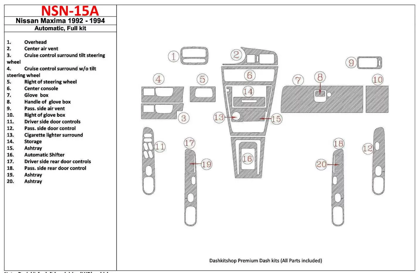 Nissan Maxima 1992-1994 Boîte automatique, Ensemble Complet, 20 Parts set BD Kit la décoration du tableau de bord - 1 - habillag