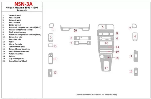 Nissan Maxima 1995-1999 Automatic Gearbox, 21 Parts set BD Interieur Dashboard Bekleding Volhouder