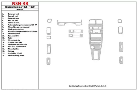 Nissan Maxima 1995-1999 Manual Gearbox, 21 Parts set BD Interieur Dashboard Bekleding Volhouder