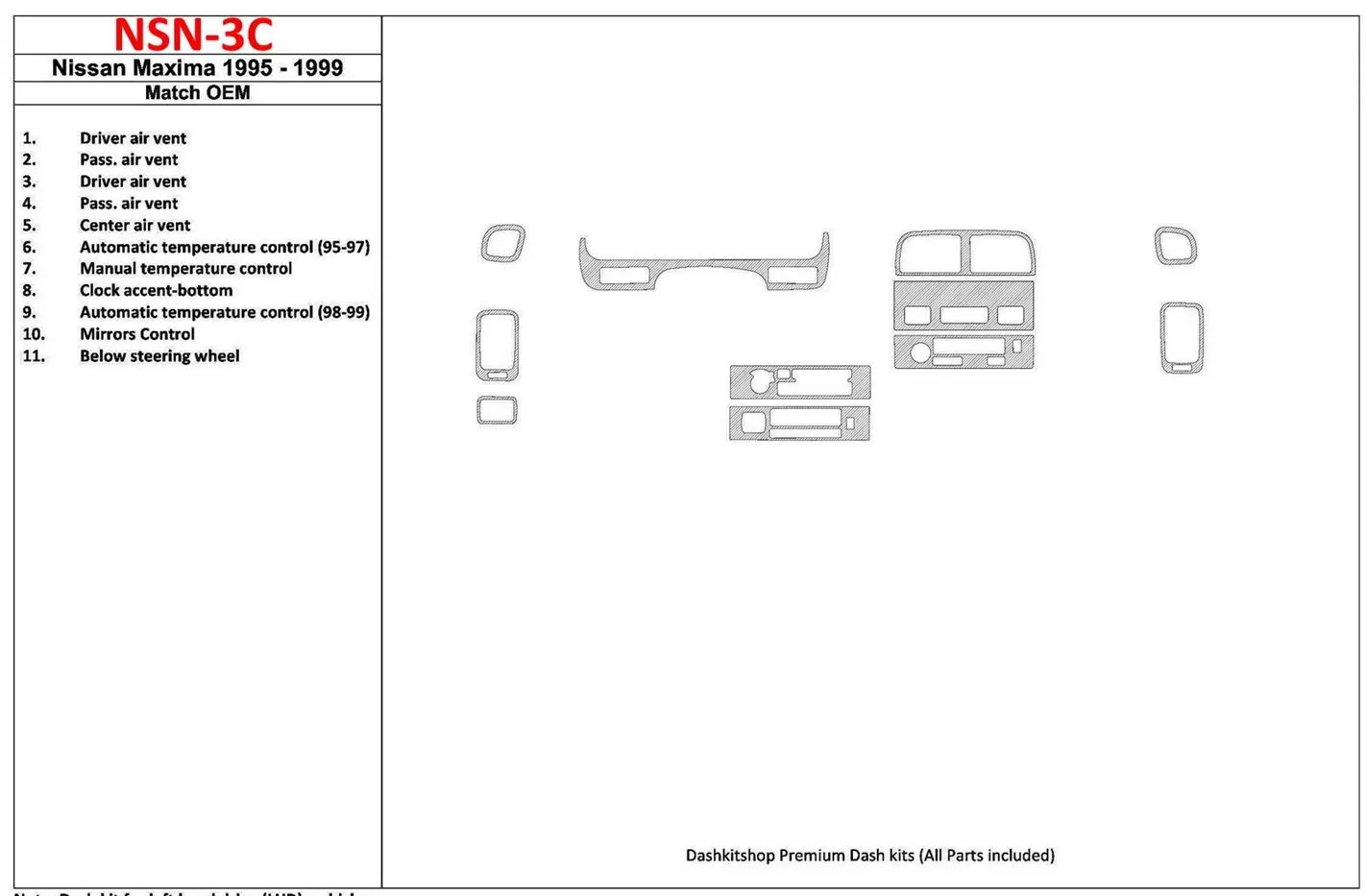 Nissan Maxima 1995-1999 OEM Compliance, 12 Parts set BD Kit la décoration du tableau de bord - 1 - habillage decor de tableau de