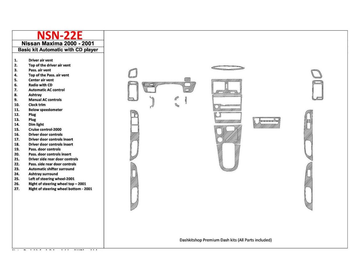 Nissan Maxima 2000-2001 Grundset, Automatic Gearbox, Radio With CD Player, 27 Parts set BD innenausstattung armaturendekor cockp