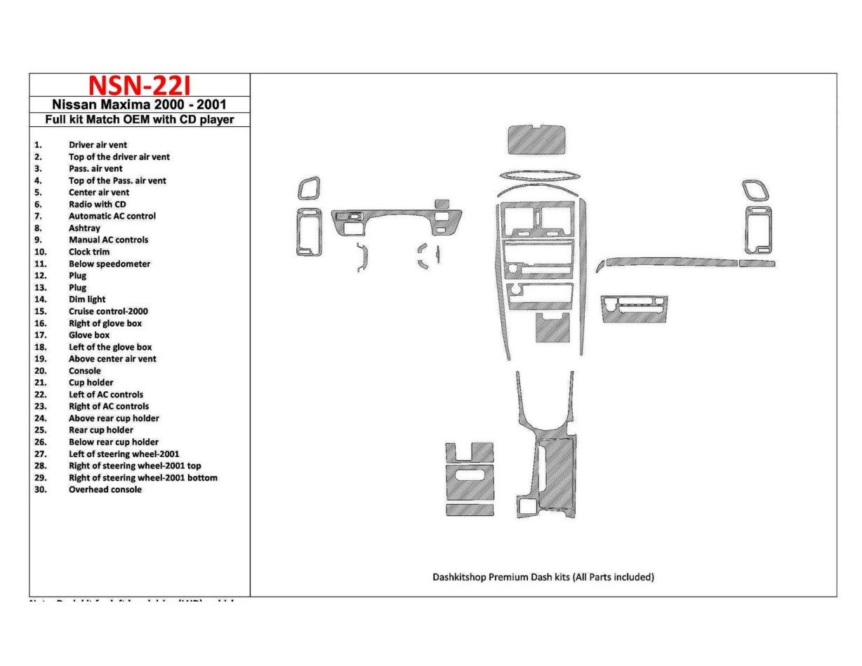 Nissan Maxima 2000-2001 Full Set, Automatic Gearbox, Radio With CD Player, OEM Compliance, 30 Parts set BD Interieur Dashboard B