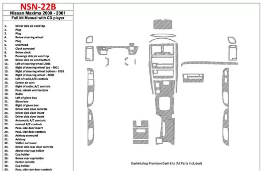 Nissan Maxima 2000-2001 Voll Satz, Manual Gearbox, Radio With CD Player, 39 Parts set BD innenausstattung armaturendekor cockpit