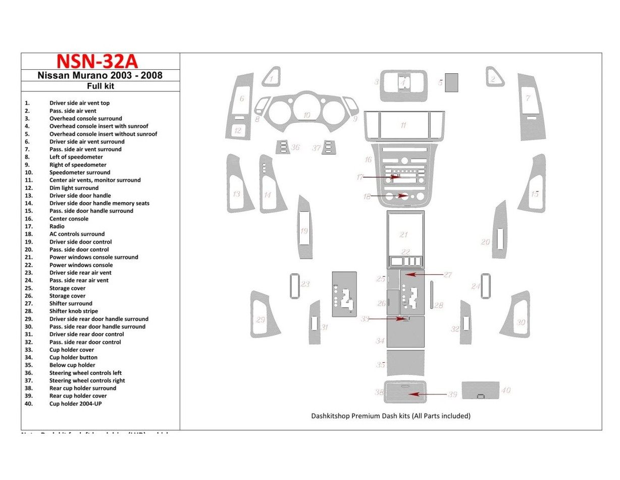 Nissan Murano 2003-2008 Full Set Cruscotto BD Rivestimenti interni