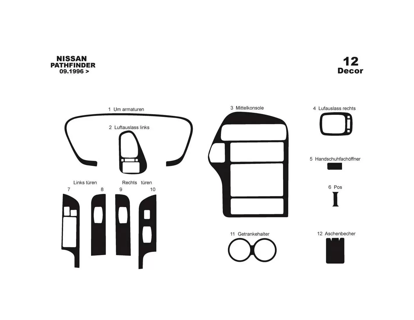 Nissan Pathfinder 09.96 - 12.01 Kit Rivestimento Cruscotto all'interno del veicolo Cruscotti personalizzati 12-Decori