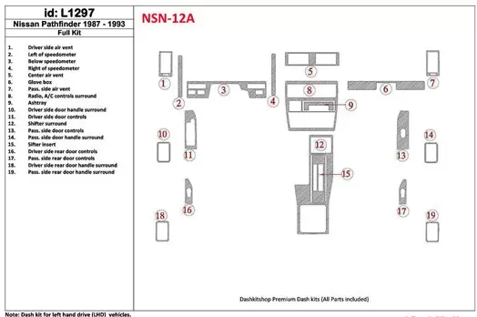 Nissan Pathfinder 1987-1993 Full Set, 19 Parts set BD Interieur Dashboard Bekleding Volhouder