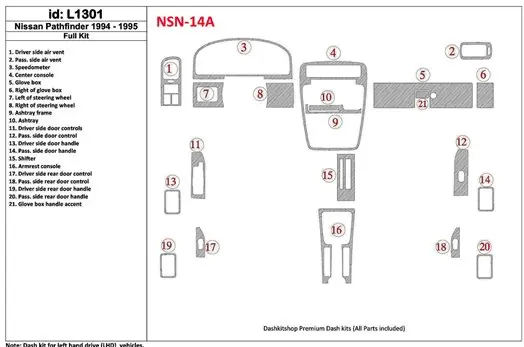 Nissan Pathfinder 1994-1995 Full Set, 21 Parts set Cruscotto BD Rivestimenti interni