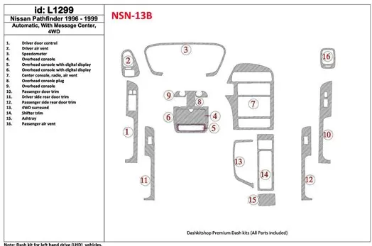 Nissan Pathfinder 1996-1999 Automatic Gearbox, With Message Center, 4WD, 16 Parts set BD Interieur Dashboard Bekleding Volhouder