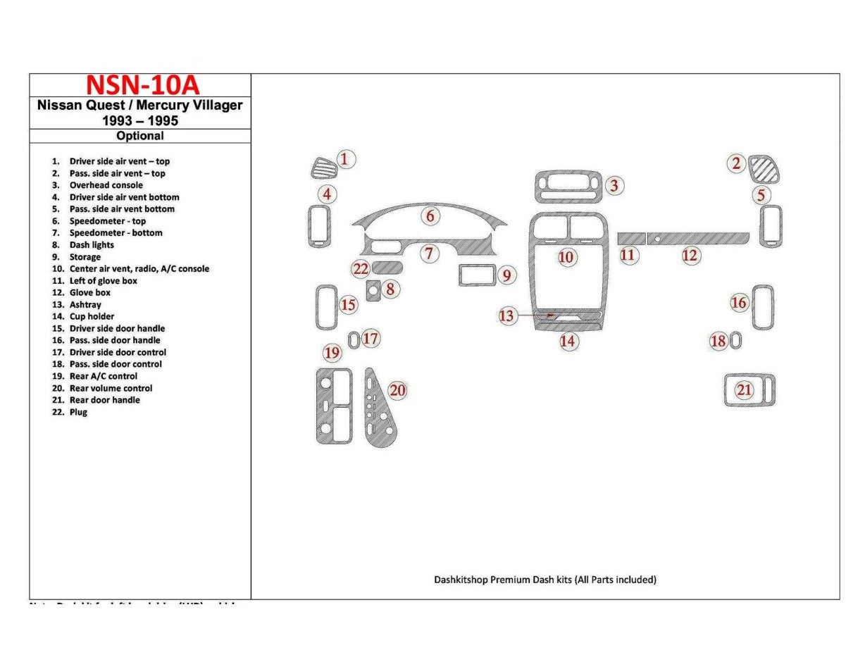 Nissan Quest 1993-1995 Ensemble Complet, 21 Parts set BD Kit la décoration du tableau de bord - 1 - habillage decor de tableau d