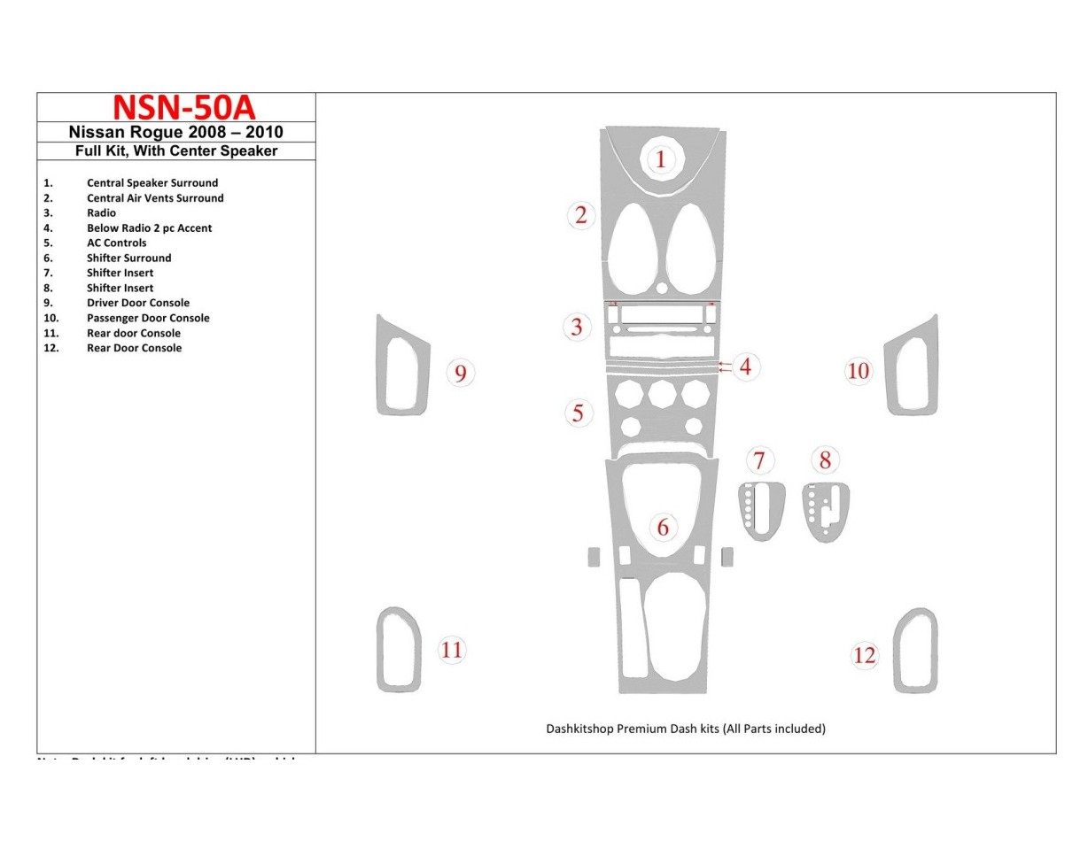 Nissan Rogue 2008-2010 Ensemble Complet, Avec Center Speaker BD Kit la décoration du tableau de bord - 1 - habillage decor de ta
