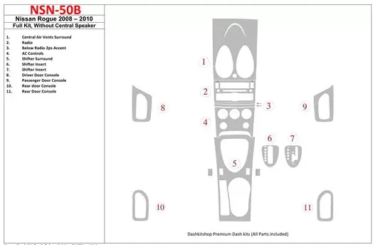 Nissan Roque 2008-2010 Full Set, Without Center Speaker BD Interieur Dashboard Bekleding Volhouder
