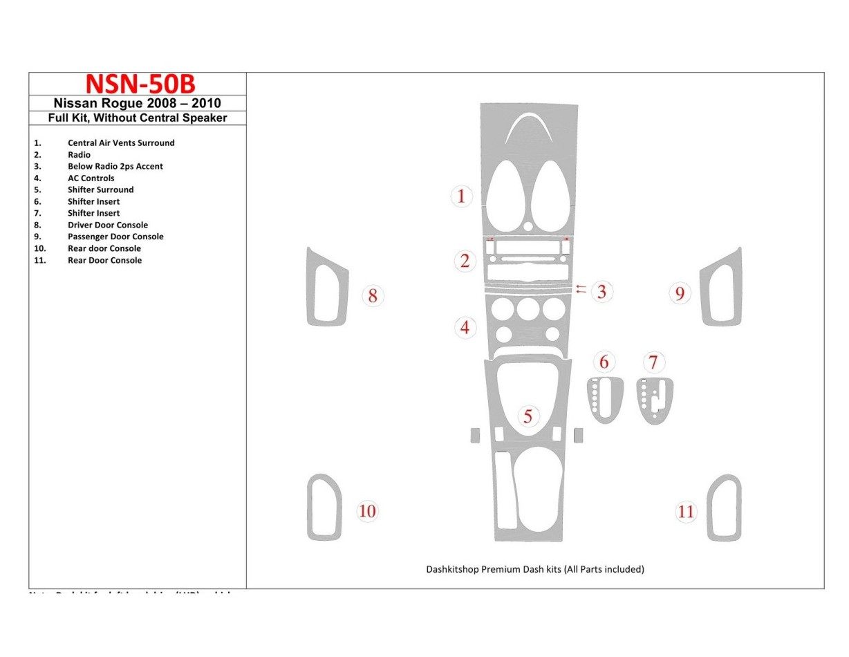Nissan Roque 2008-2010 Voll Satz, Without Center Speaker BD innenausstattung armaturendekor cockpit dekor - 1- Cockpit Dekor Inn