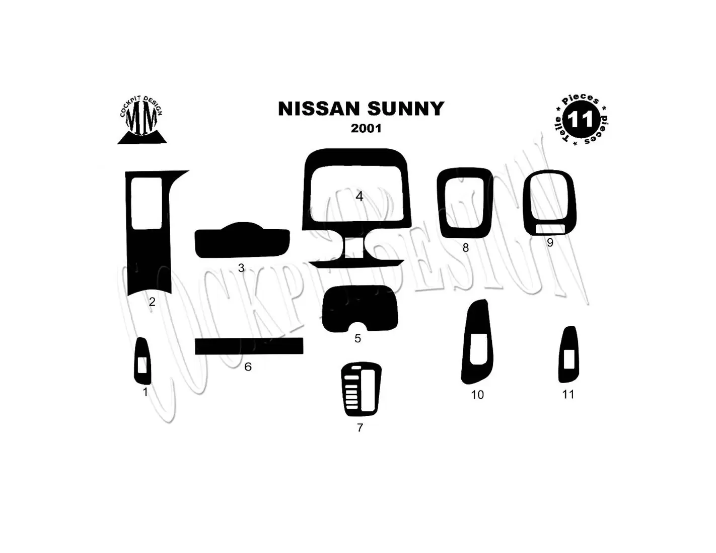Nissan Sunny 01.2001 3M 3D Interior Dashboard Trim Kit Dash Trim Dekor 11-Parts