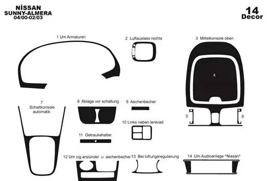 Nissan Sunny - Almera Arabian 04.00 - 02.03 Kit Rivestimento Cruscotto all'interno del veicolo Cruscotti personalizzati 14-Decor