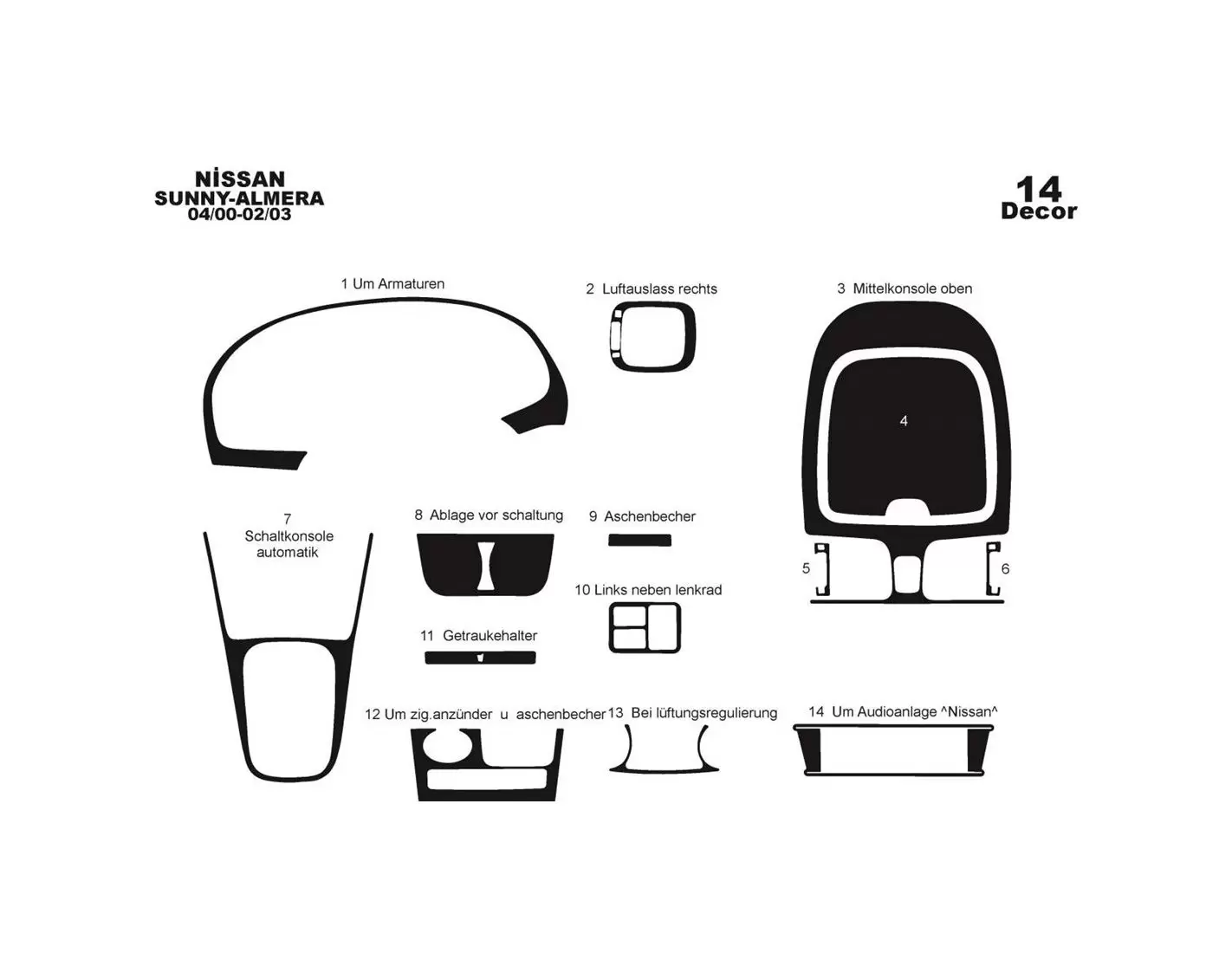 Nissan Sunny-Almera Arabian 04.00-02.03 3M 3D Interior Dashboard Trim Kit Dash Trim Dekor 14-Parts