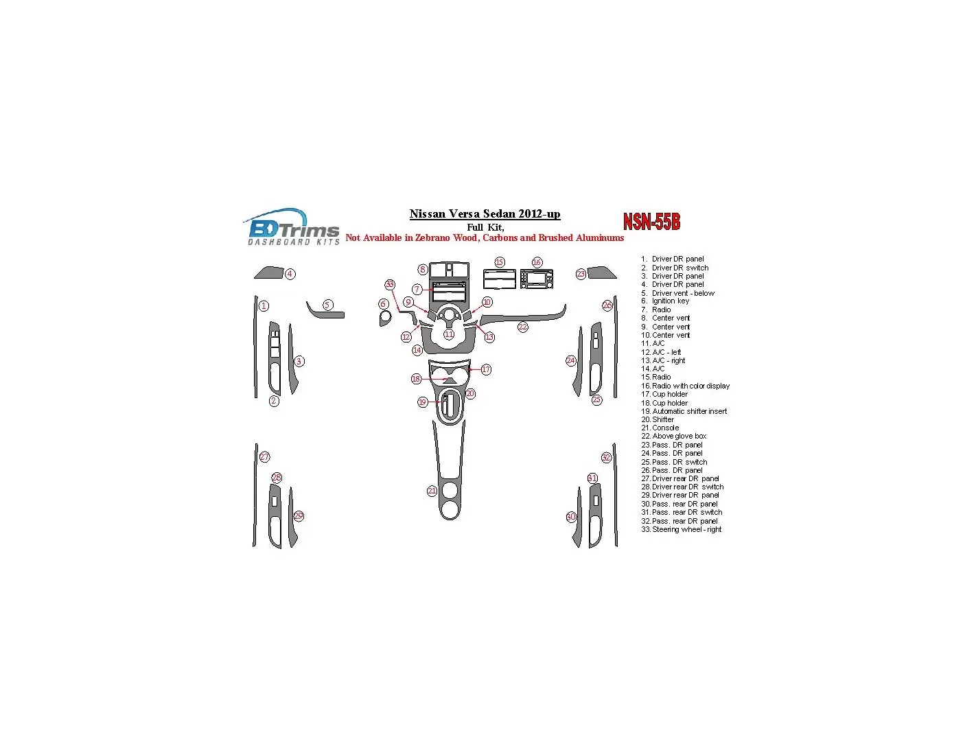 Nissan Versa 2012-UP Full Set Cruscotto BD Rivestimenti interni