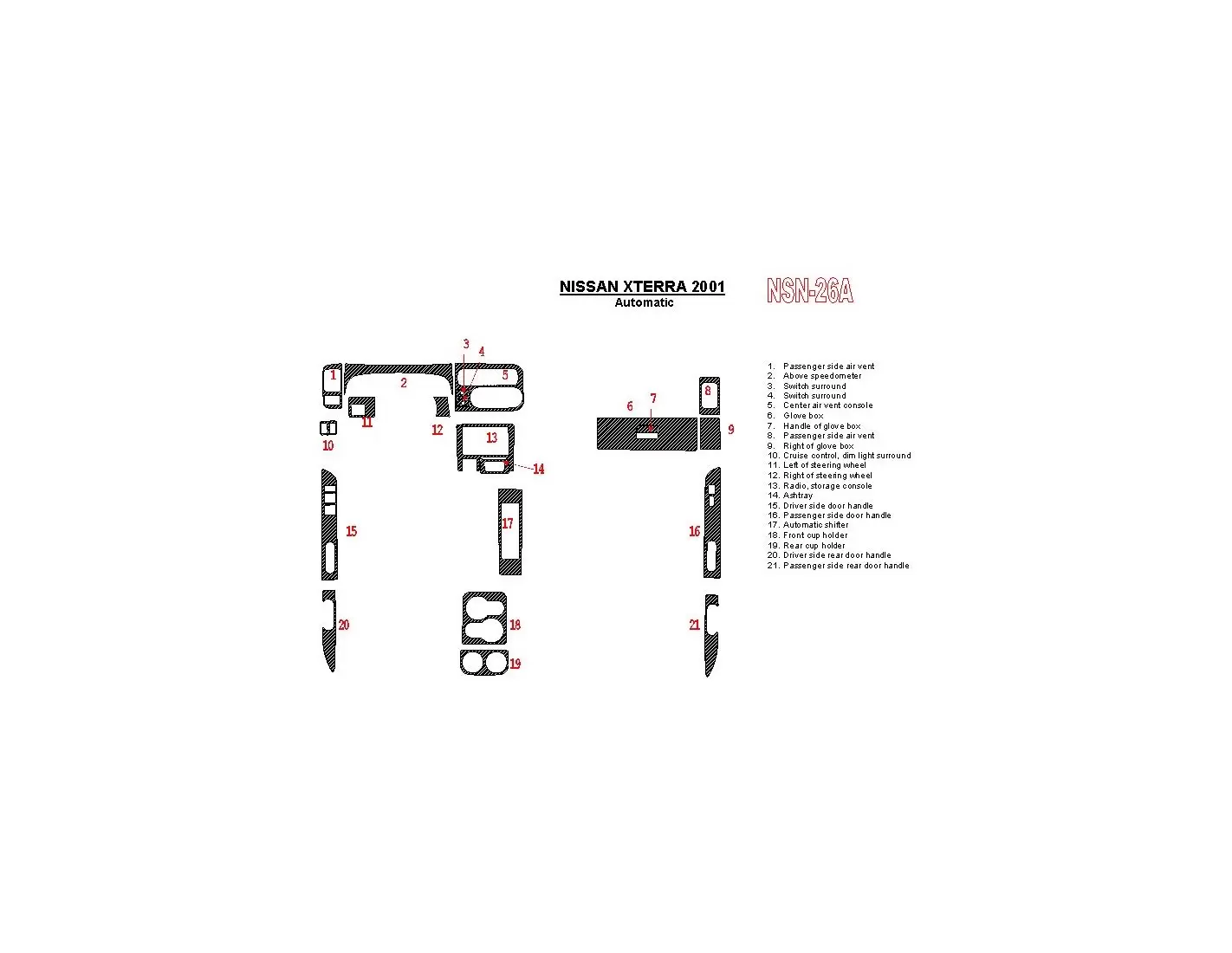 Nissan Xterra 2001-2001 Automatic Gearbox 21 Parts set BD Interieur Dashboard Bekleding Volhouder