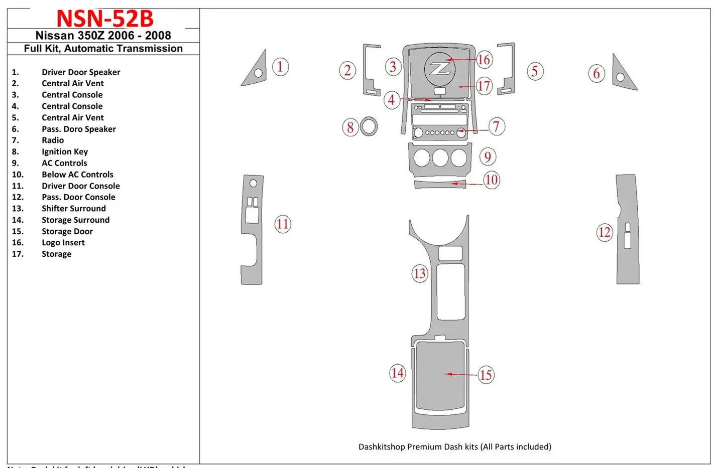 Nissan Z350 2006-2008 Full Set, Automatic Gear Interior BD Dash Trim Kit