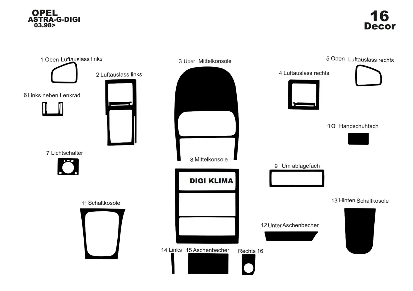 Opel Astra G 98-03 DIGI Kit la décoration du tableau de bord 16-Pièce - 1 - habillage decor de tableau de bord