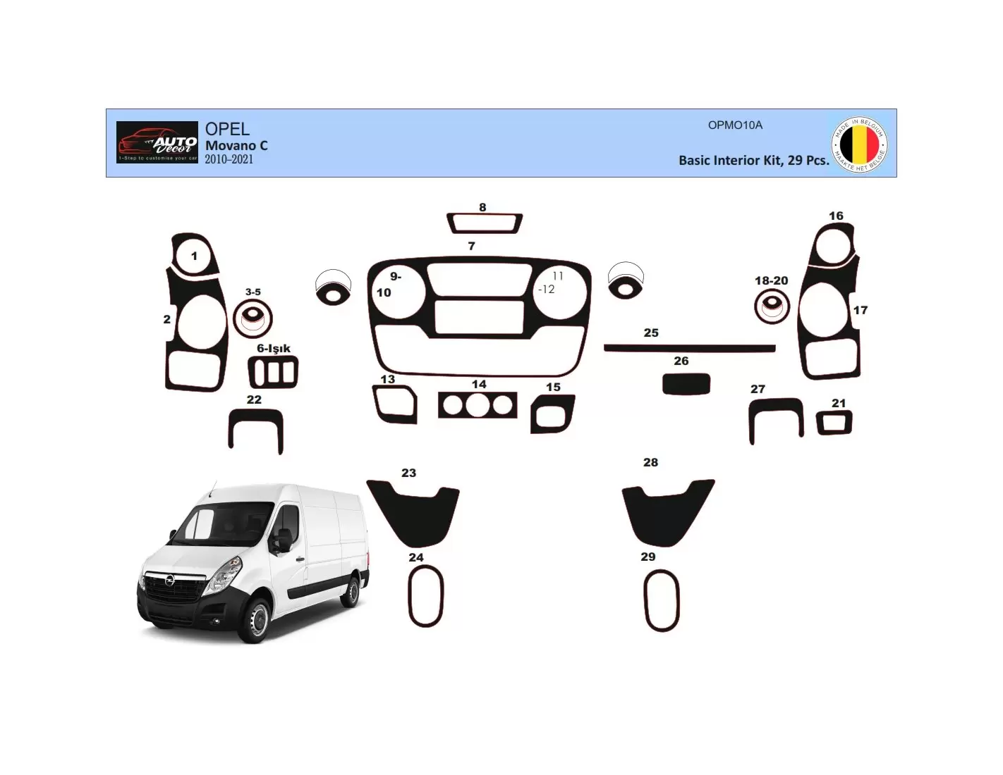 Opel Movano 01.2010 3D Inleg dashboard Interieurset aansluitend en pasgemaakt op he 29 -Teile