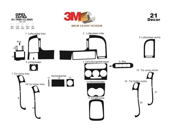 Opel Zafira A 01.99-12.05 3M 3D Interior Dashboard Trim Kit Dash Trim Dekor 21-Parts
