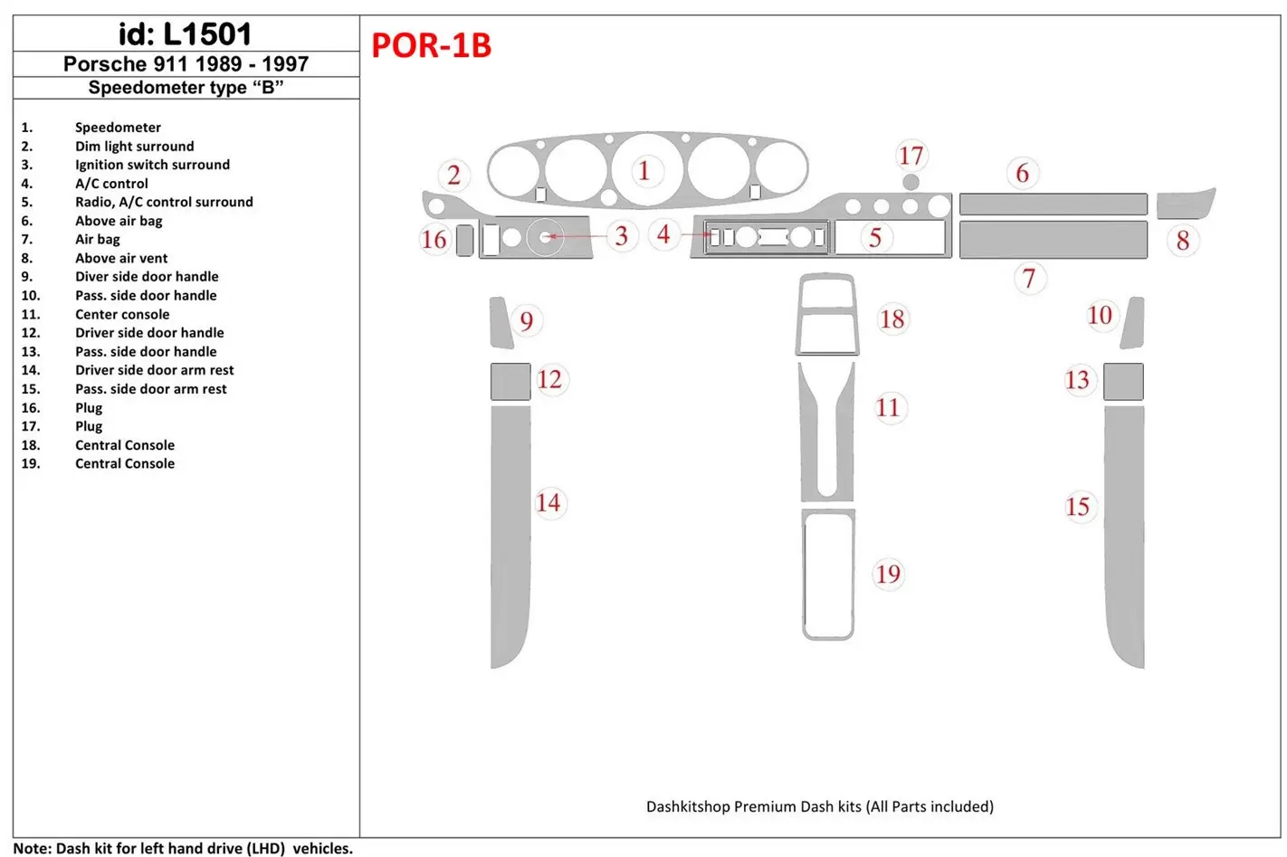 Porsche 911 1989-1997 Gearsometer Type B BD Interieur Dashboard Bekleding Volhouder