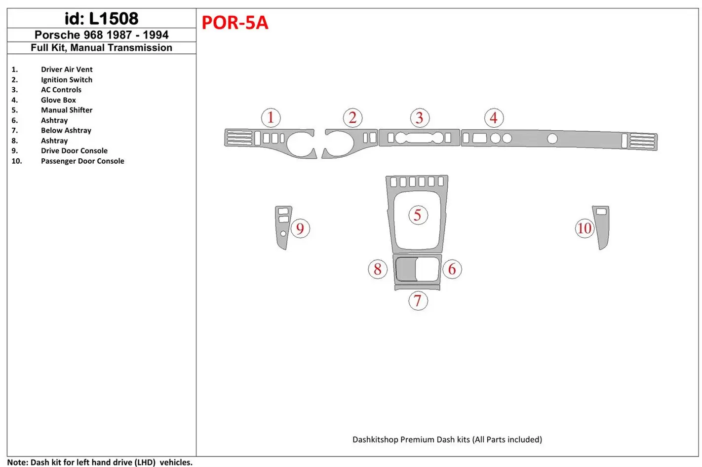 Porsche 944 1985-1994 Full Set Cruscotto BD Rivestimenti interni