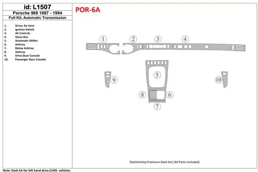 Porsche 968 1987-1994 Full Set, Automatic Gear BD Interieur Dashboard Bekleding Volhouder