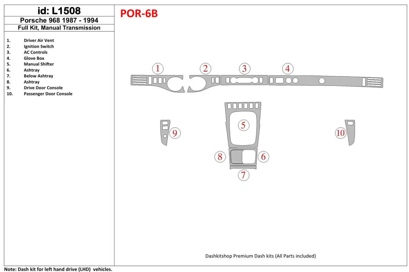 Porsche 968 1987-1994 Full Set, Manual Gear Box Cruscotto BD Rivestimenti interni