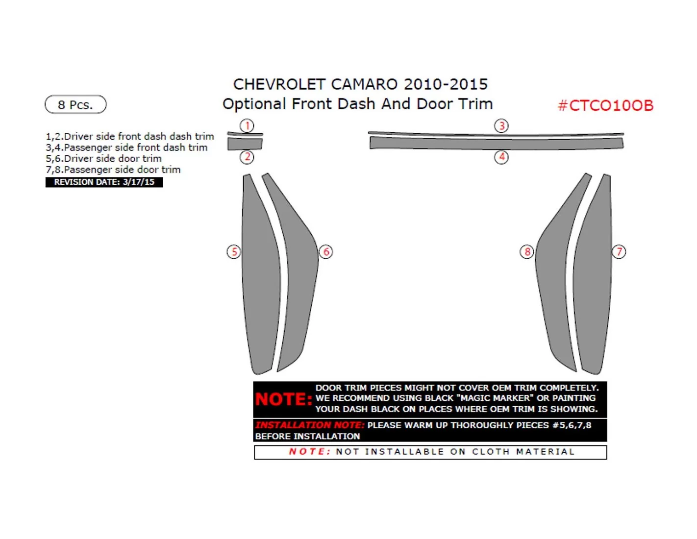 Chevrolet Camaro 2010-2015 Cruscotto Rivestimenti interni Optional Front Dash And Door Trim 8 Pcs.