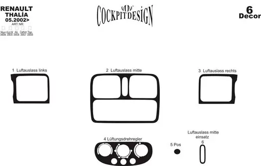 Renault Thalia 05.02 - 12.05 Kit Rivestimento Cruscotto all'interno del veicolo Cruscotti personalizzati 6-Decori