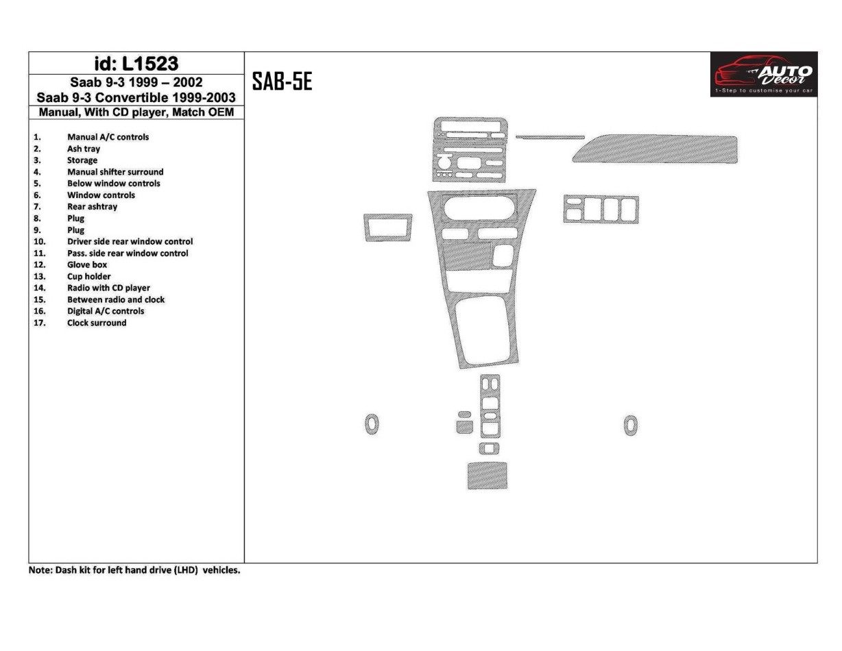 Saab 9-3 1999-2002 Automatic Gearbox, With CD Player, OEM Compliance, 18 Parts set BD innenausstattung armaturendekor cockpit de