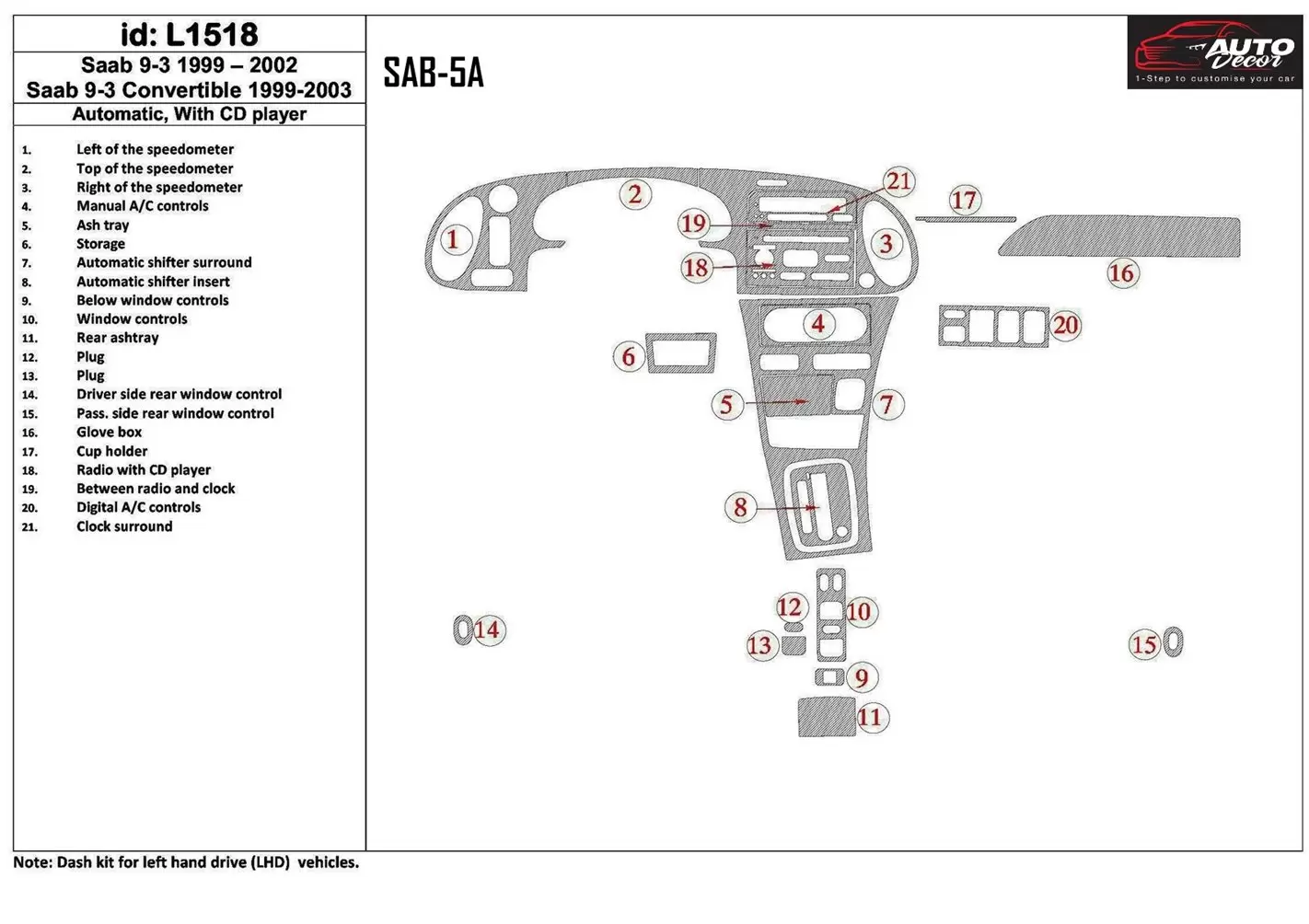 Saab 9-3 1999-2002 Boîte automatique, Avec CD Player, Sans OEM BD Kit la décoration du tableau de bord - 1 - habillage decor de 