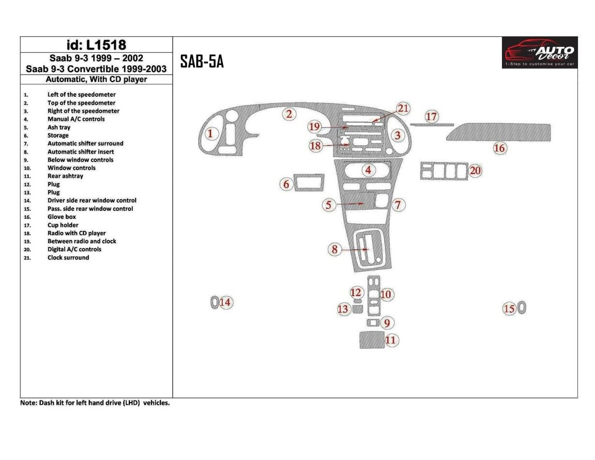 Saab 9-3 1999-2002 Automatic Gearbox, With CD Player, Without OEM BD innenausstattung armaturendekor cockpit dekor - 1- Cockpit 