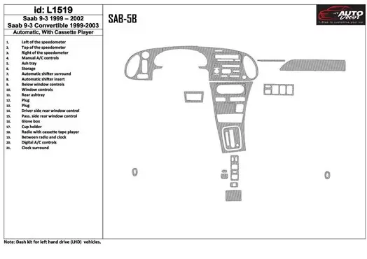 Saab 9-3 1999-2002 Boîte automatique, Avec Compact Casette player, Sans OEM, 21 Parts set BD Kit la décoration du tableau de bor