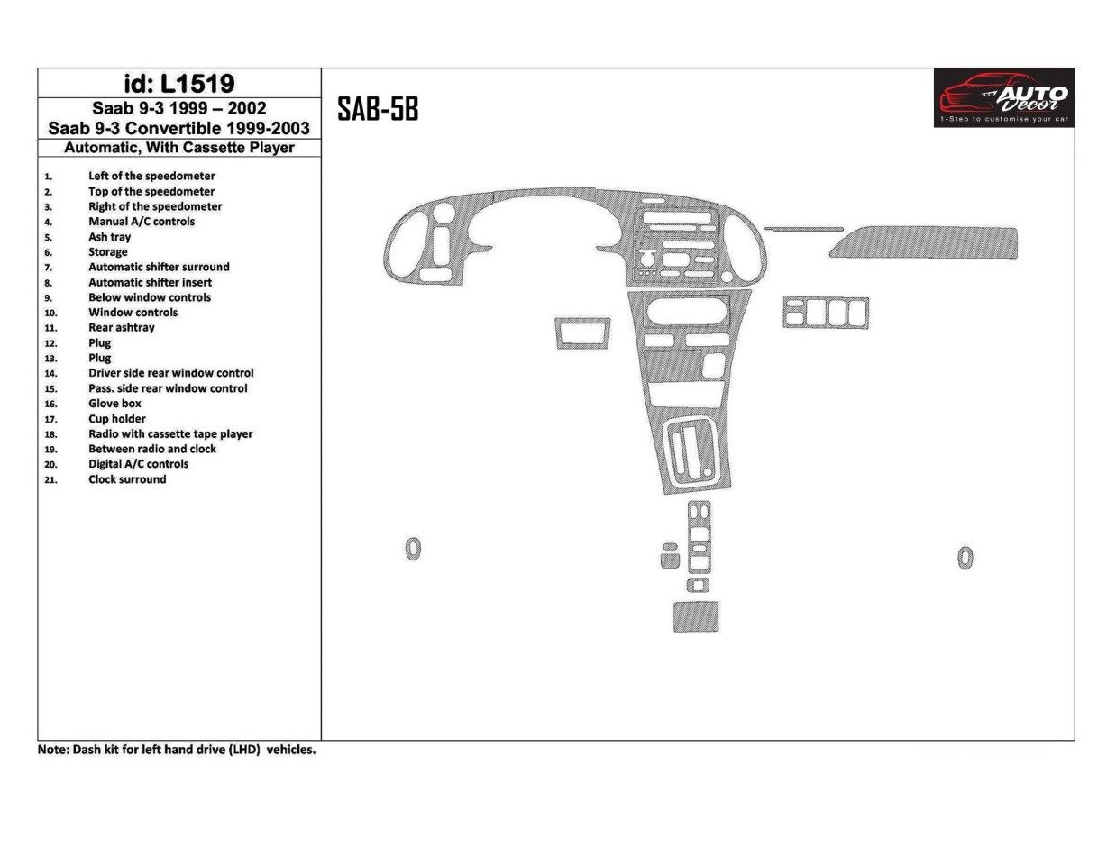 Saab 9-3 1999-2002 Automatic Gearbox, With Compact Casette player, Without OEM, 21 Parts set Interior BD Dash Trim Kit