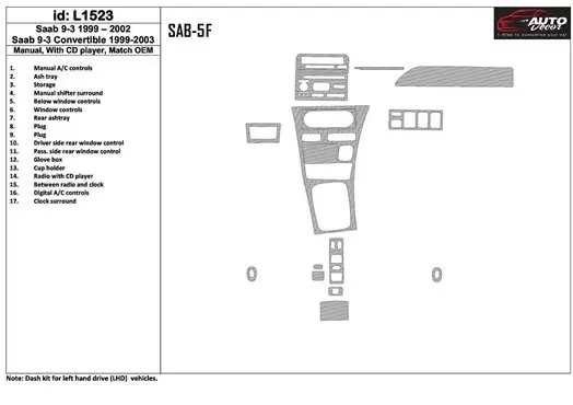 Saab 9-3 1999-2002 boîte manuellebox, Avec CD Player, OEM Compliance, 17 Parts set BD Kit la décoration du tableau de bord - 1 -