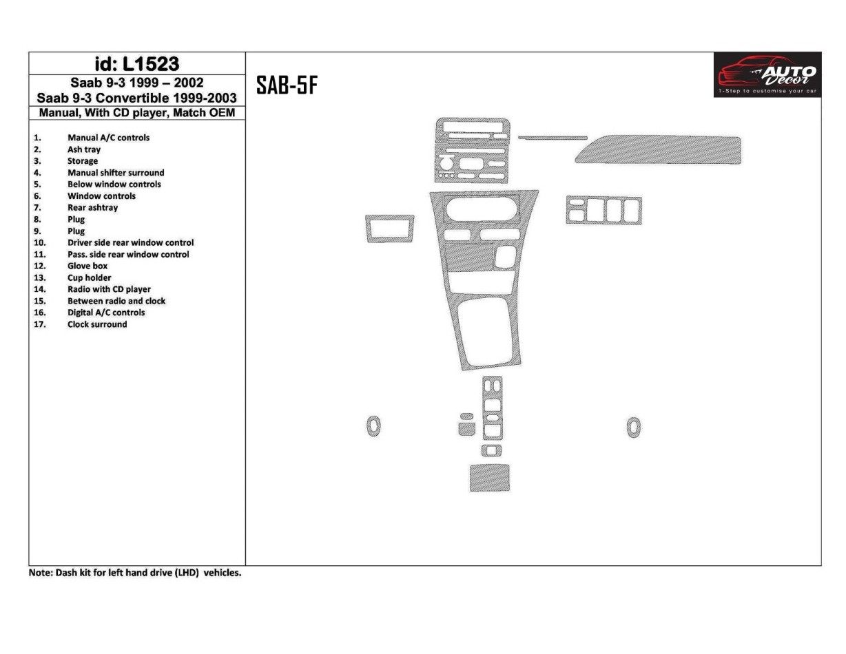 Saab 9-3 1999-2002 Manual Gearbox, With CD Player, OEM Compliance, 17 Parts set BD innenausstattung armaturendekor cockpit dekor