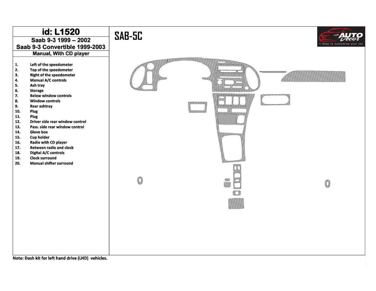 Saab 9-3 1999-2002 Manual Gearbox, With CD Player, Without OEM, 20 Parts set BD Interieur Dashboard Bekleding Volhouder