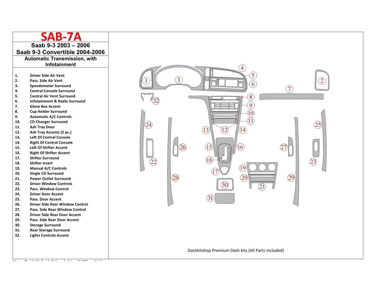 Saab 9-3 2003-2006 Automatic Gear, With Infotaintment Interior BD Dash Trim Kit
