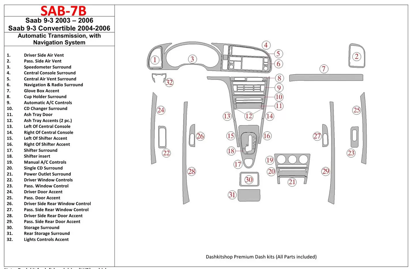 Saab 9-3 2003-2006 Boîte automatique, Avec NAVI system BD Kit la décoration du tableau de bord - 1 - habillage decor de tableau 