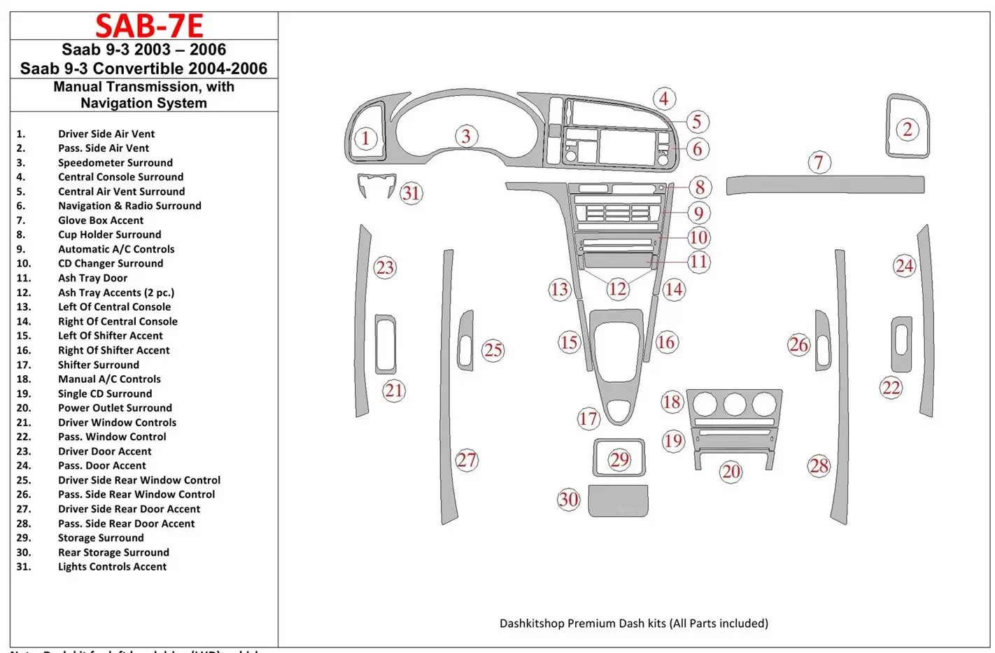 Saab 9-3 2003-2006 Manual Gear Box, With NAVI Cruscotto BD Rivestimenti interni