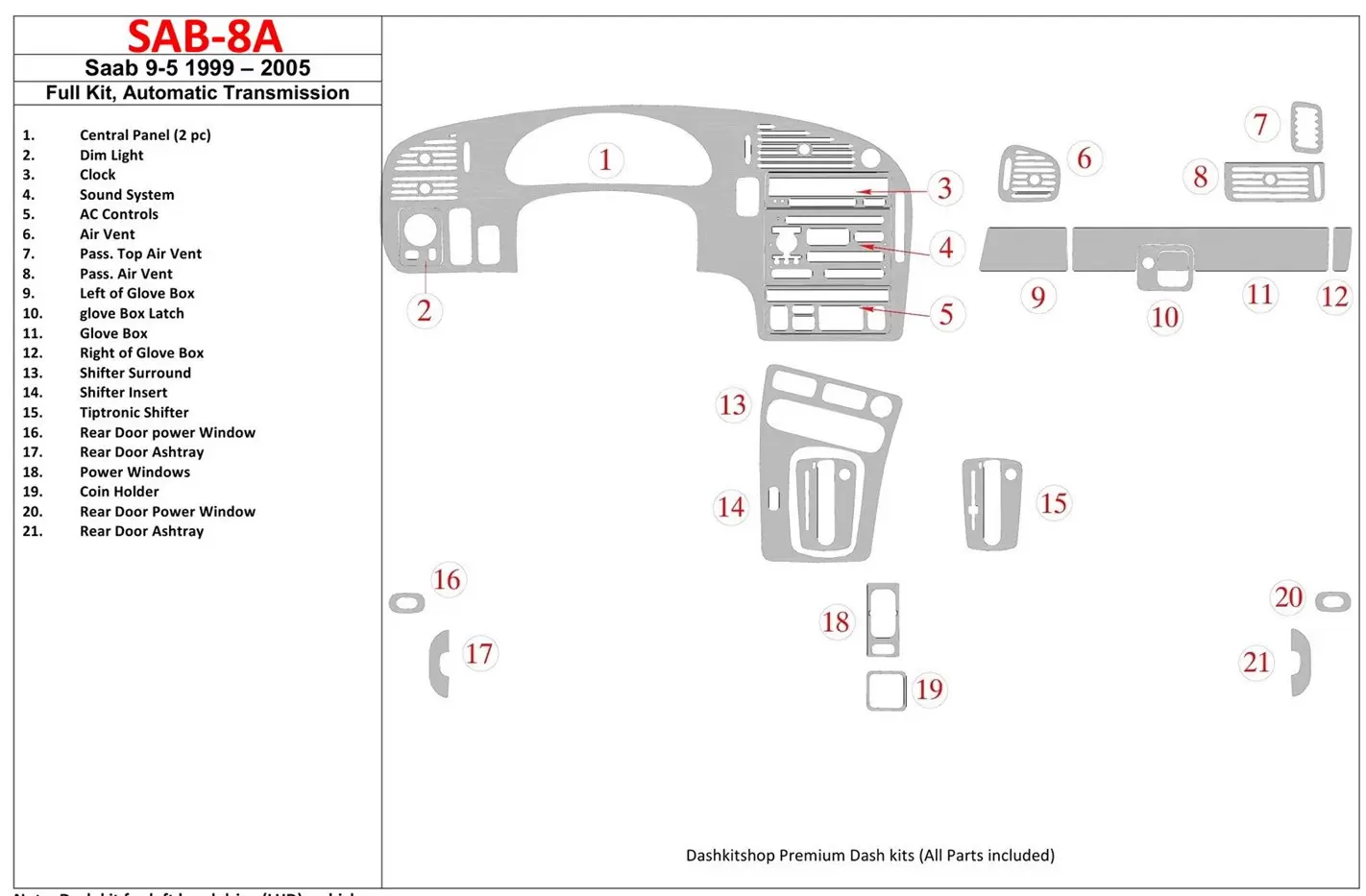 Saab 9-5 1999-2005 Full Set, Automatic Gear BD Interieur Dashboard Bekleding Volhouder