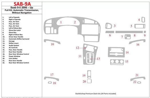 Saab 9-5 2006-UP Ensemble Complet, Boîte automatique, Sans NAVI BD Kit la décoration du tableau de bord - 1 - habillage decor de