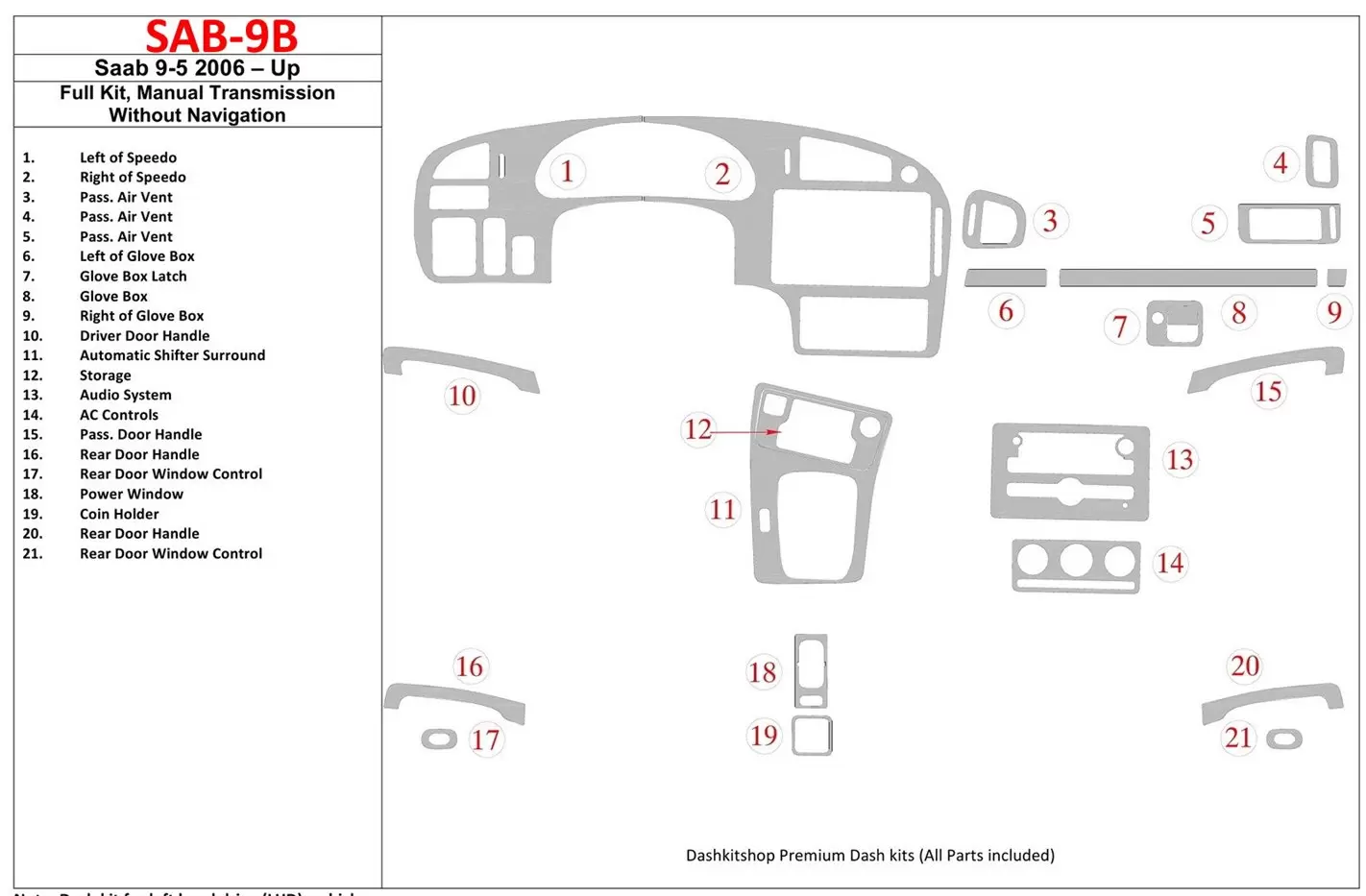 Saab 9-5 2006-UP Ensemble Complet, boîte manuelle Box, Sans NAVI BD Kit la décoration du tableau de bord - 1 - habillage decor d